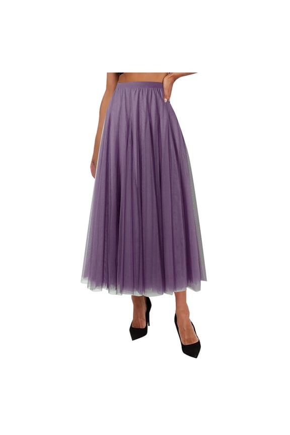 Skirts for Women Women's Pleated Skirt Mesh Skirt Fairy Skirt Mid Length Long Skirt Dance Skirt Faldas Largas De Mujer Para Iglesia (Purple,Xl)