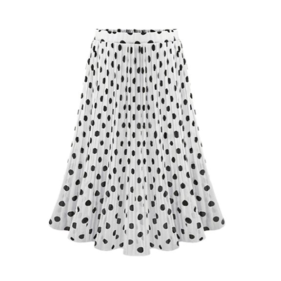 RYKJLWY Skirts for Women Womens Fashion Casual Polka Dot Pleated High Waist Midi Skirt Flared Skater Swing Holiday Faldas Largas De Mujer Para Iglesia (White,L)