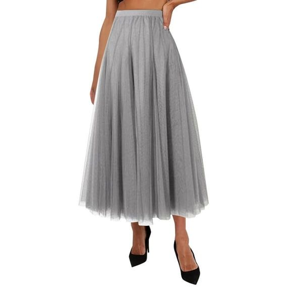 RYKJLWY Skirts for Women Women's Pleated Skirt Mesh Skirt Fairy Skirt Mid Length Long Skirt Dance Skirt Faldas Largas De Mujer Para Iglesia (Gray,Xl)