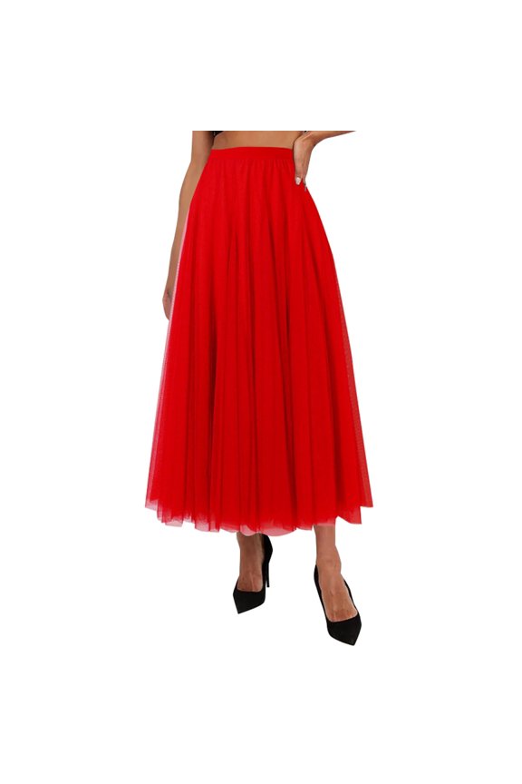 Skirts for Women Women's Pleated Skirt Mesh Skirt Fairy Skirt Mid Length Long Skirt Dance Skirt Faldas Largas De Mujer Para Iglesia (Red,M)