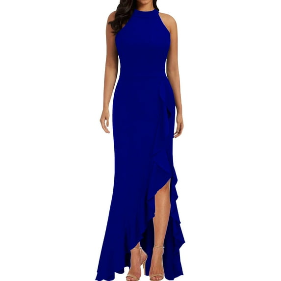 RYKJLWY Summer Dress Women's Cocktail Midi Dress Sleeveless Ruffle Wrap Pleated Slim formal Wedding Guest Gown Womens Dress (Blue,S)