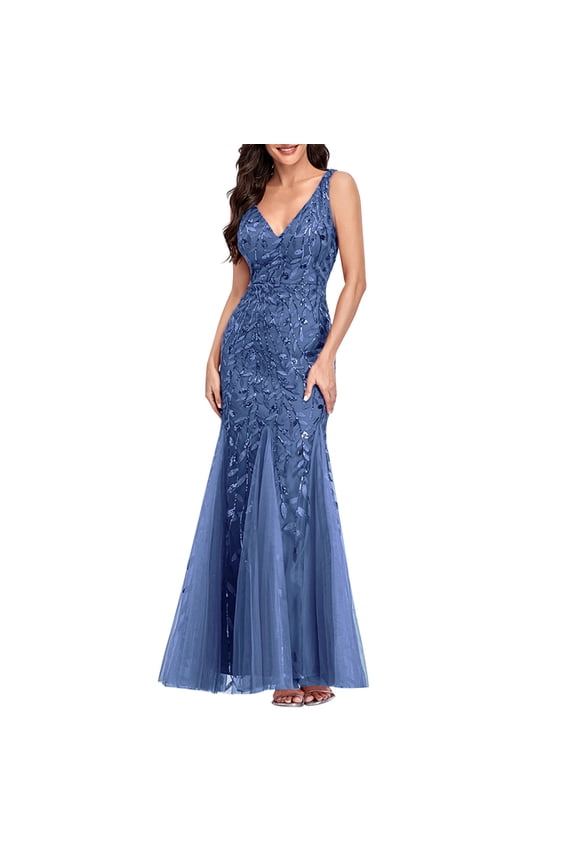 Summer Dresses Womens Fishtail Evening Dresses Embroidered Sleeveless V Neck Wedding Bridesmaid Evening Long Maxi Dress Floor Length Bandage Prom Ball Gowns (Sky Blue,S)