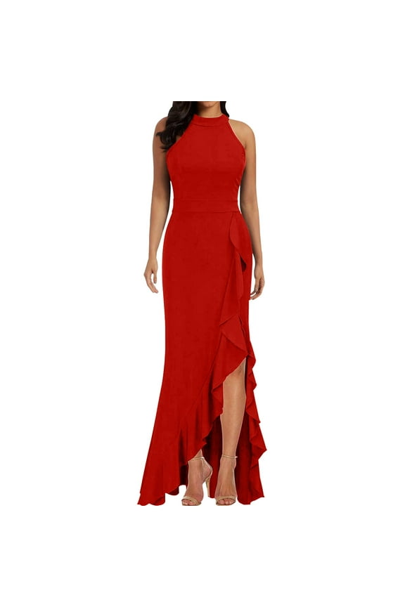 Summer Dresses for Women 2024 Women's Cocktail Midi Dress Sleeveless Ruffle Wrap Pleated Slim formal Wedding Guest Gown White Dresses (Red,S)