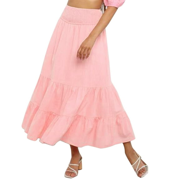 RYKJLWY Summer Skirts for Women 2024 Ladies Solid Color Pleated Stitching Elastic High Waist Hip Long Skirt Plus Size Maxi Skirt (Pink,Xl)