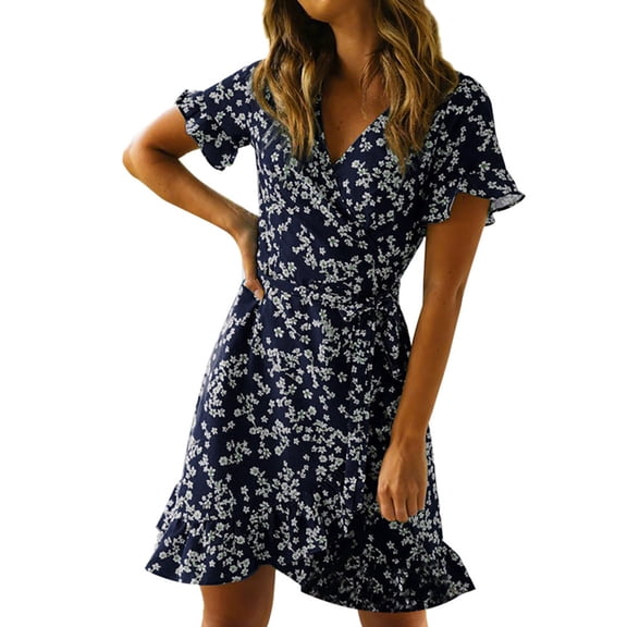 RYKJLWY Sun Dresses for Women 2024 Women's Ladies Floral Print Short Sleeve V-Neck Bandage Mini Dress Spring Dress Dresses for Teens Boho Dresses for Women 2024 (Navy Blue,M)