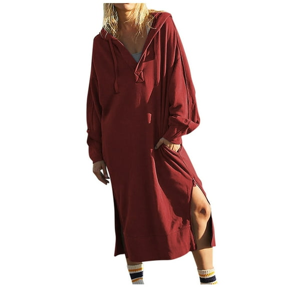 RYKJLWY Sundresses for Women 2024 Women's Fall Pullover Long Dress Pocket Sweatshirt Casual Drawstring Clothing Solid Color Long Sleeve Hooded Tops Sweatshirt Dress (Wine Red,M)
