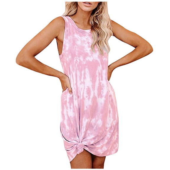 RYKJLWY Vacation Dresses for Women 2024 Fashion Womens Tie-Dye Sleeveless Loungewear Swing Loose Comfy Casual Tank Dress Womens Sundresses Casual Dresses for Women 2024 Female Dress(Pink,XL)