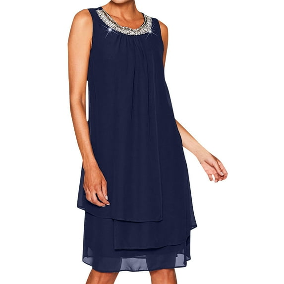 RYKJLWY Vacation Dresses for Women 2024 Women Chiffon Summer Plus Size Sequin O-Neck Sleeveless Casual Swing Party Dress Womens Sundresses Casual Dresses for Women 2024 (Dark Blue,XXXL)