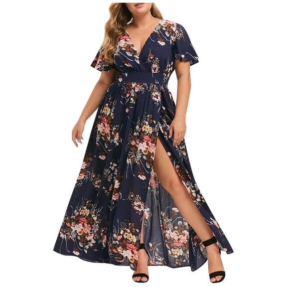 RYKJLWY Vestidos De Verano Para Mujer 2024 Women's Plus Size Summer V-Neck Floral Print Boho Short Sleeve Party Maxi Dress (Navy Blue,XXL)