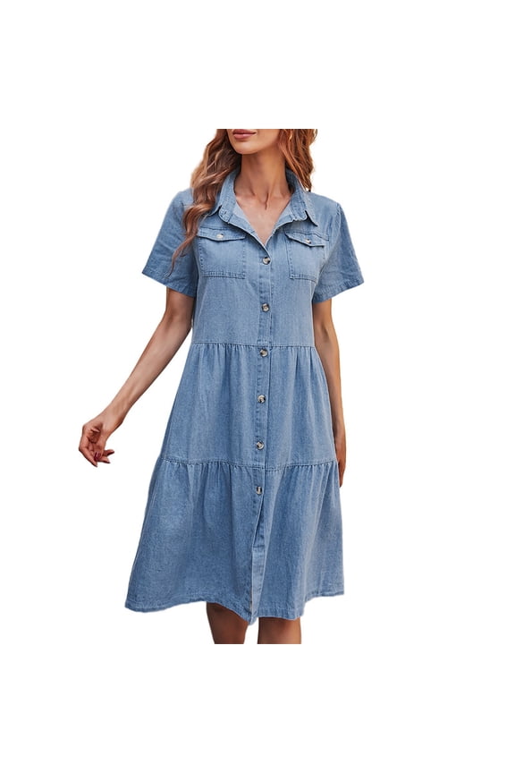 Wedding Guest Dresses for Women Ladies Spring and Aummer Loose Short Sleeved Light Colored Denim Dress for Ladies Vacation Dresses for Women 2024 (Blue,XXL)