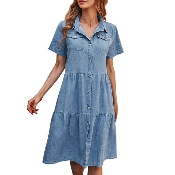 RYKJLWY Wedding Guest Dresses for Women Ladies Spring and Aummer Loose Short Sleeved Light Colored Denim Dress for Ladies Vacation Dresses for Women 2024 (Blue,XXL)