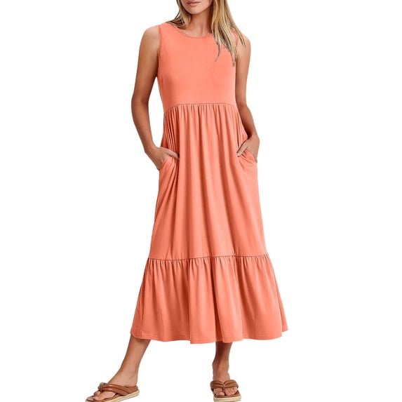 RYKJLWY Wedding Guest Dresses for Women Summer Summer Casual Sleeveless Crewneck Sundress Aline Flowy Tiered Maxi Long Beach Dress Vacation Outfits Wedding Guest Dresses (Red2,S)