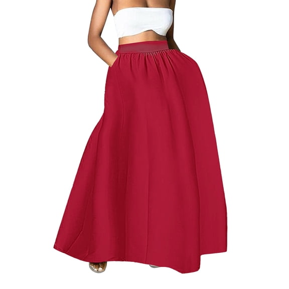 RYKJLWY White Flowy Skirt Fashion Solid Color Big Hem Skirt Loose Pockets Half Body Skirt Midi Skirt Floral Skirt (Red,XL)