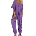 thumbnail image 1 of RYKJLWY Wide Leg Jumpsuits for Women Women's Solid Color Fashionable Casual V Neck Short Sleeved Hoodie Jumpsuit Dressy Jumpsuits for Women(Purple,L), 1 of 4