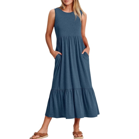 RYKJLWY Women Dresses Summer Casual Sleeveless Crewneck Sundress Aline Flowy Tiered Maxi Long Beach Dress Vacation Outfits Dresses for Women 2024 Wedding Guest Black Graduation Dress (Blue,S)