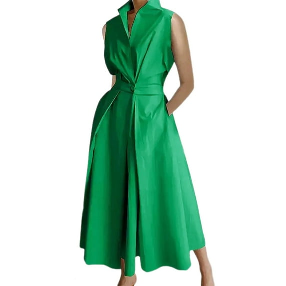 RYKJLWY Womens Summer Dresses New Summer Fashion Wave Dot V Neck Women's Button Fishtail Dress Lapel With Pocket White Sundress (Green,XL)