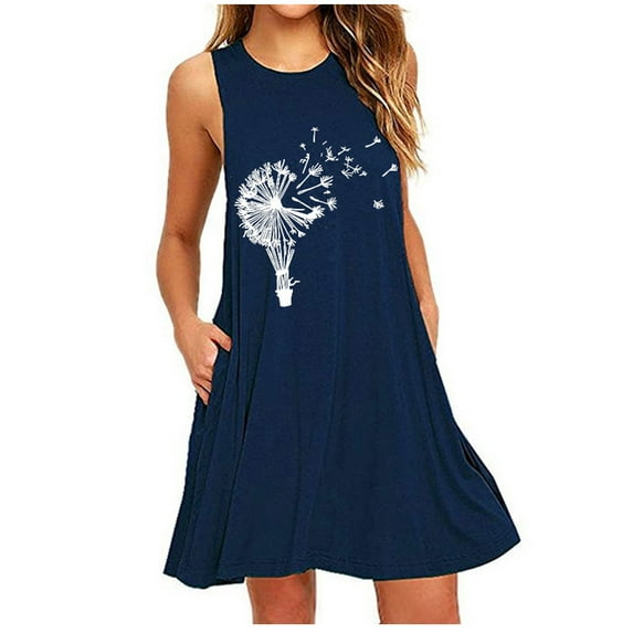RYKJLWY Womens Sundresses Fashion Womens Pocket Dandelions Printing Sleeveless Casual Nightdress Dresses Casual Dresses for Women 2024 Summer Dresses for Women 2024 (Navy Blue,XXXXXXL)