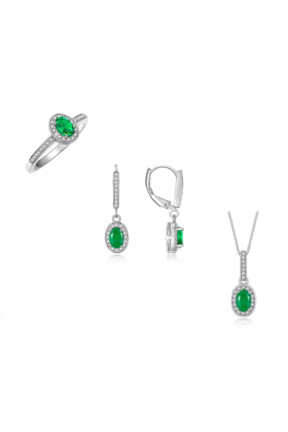 14K White Gold Halo Designer Jewelry Ring, Earring & Pendant Necklace Gemstone & Diamonds 6X4MM Emerald May Birthstone; Size 9