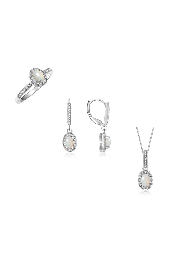 14K White Gold Halo Designer Jewelry Ring, Earring & Pendant Necklace Gemstone & Diamonds 6X4MM Opal October Birthstone; Size 9