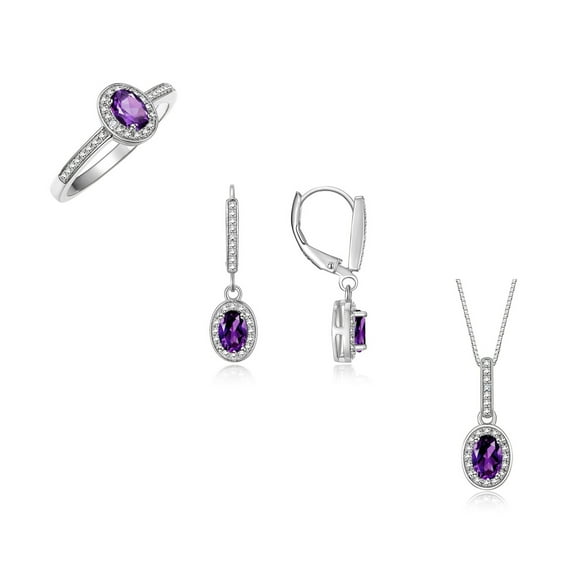 RYLOS 14K White Gold Halo Designer Set: Ring, Earrings & Necklace. Gemstone & Diamonds, 6X4MM Amethyst February Birthstone; Size 5
