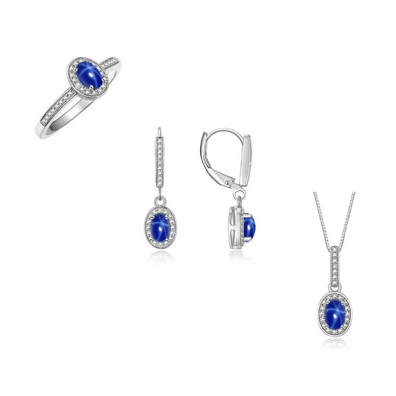 RYLOS 14K White Gold Halo Designer Set: Ring, Earrings & Necklace. Gemstone & Diamonds, 6X4MM Blue Star Sapphire Birthstone; Size 8