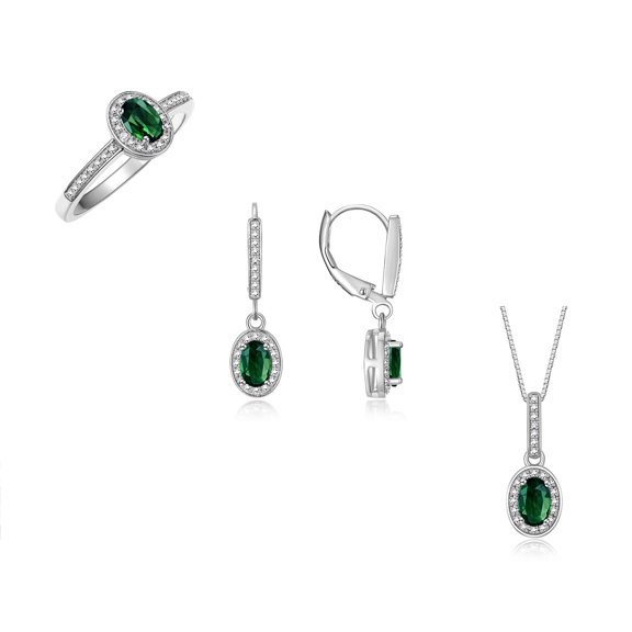 RYLOS 14K White Gold Halo Designer Set: Ring, Earrings & Necklace. Gemstone & Diamonds, 6X4MM Green Sapphire Birthstone; Size 5