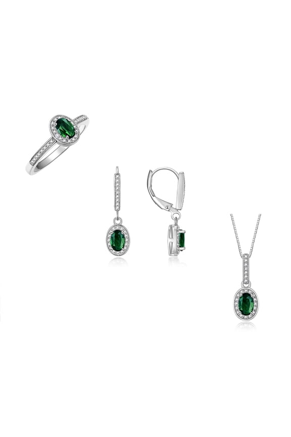 14K White Gold Halo Designer Set: Ring, Earrings & Necklace. Gemstone & Diamonds, 6X4MM Green Sapphire Birthstone; Size 9