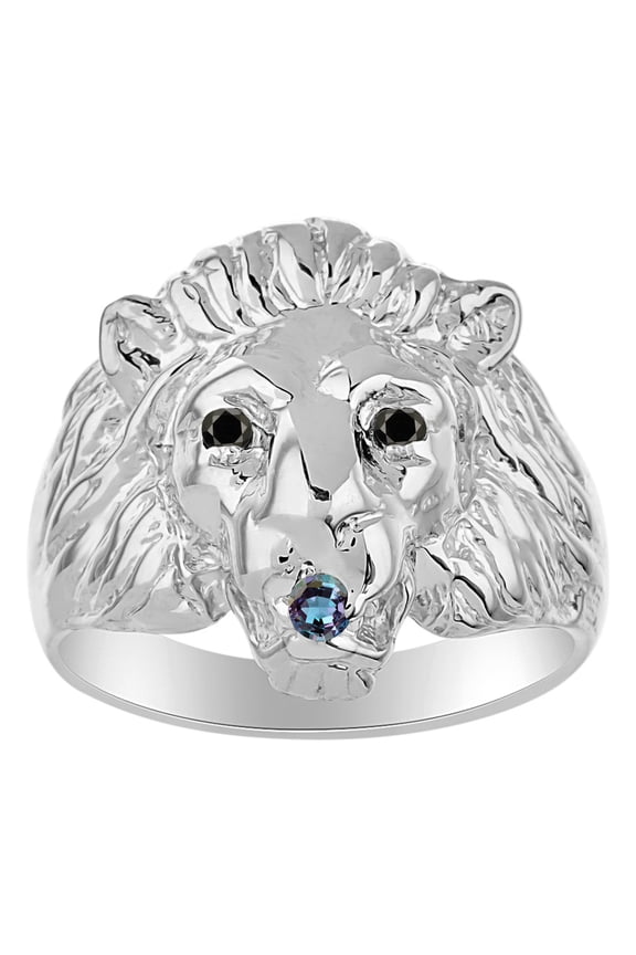 14K White Gold Lion Head Ring;  Black Diamonds Eyes & Gemstone  in Mouth Fun Designer Rings - Alexandrite Mens Jewelry Size 6