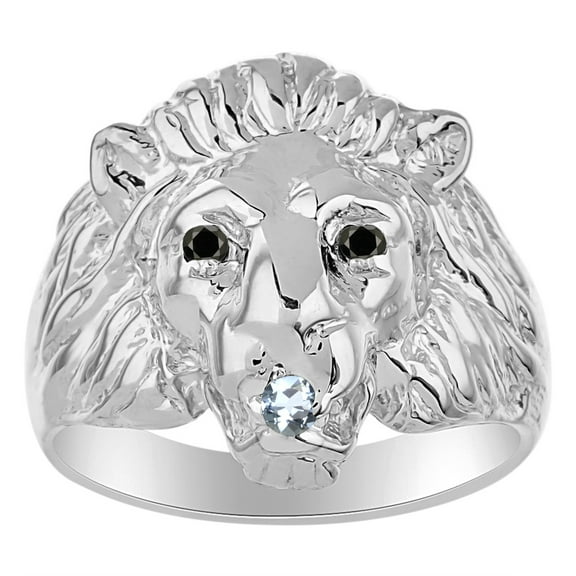 RYLOS 14K White Gold Lion Head Ring;  Black Diamonds Eyes & Gemstone  in Mouth Fun Designer Rings - Blue Topaz Mens Jewelry Size 13