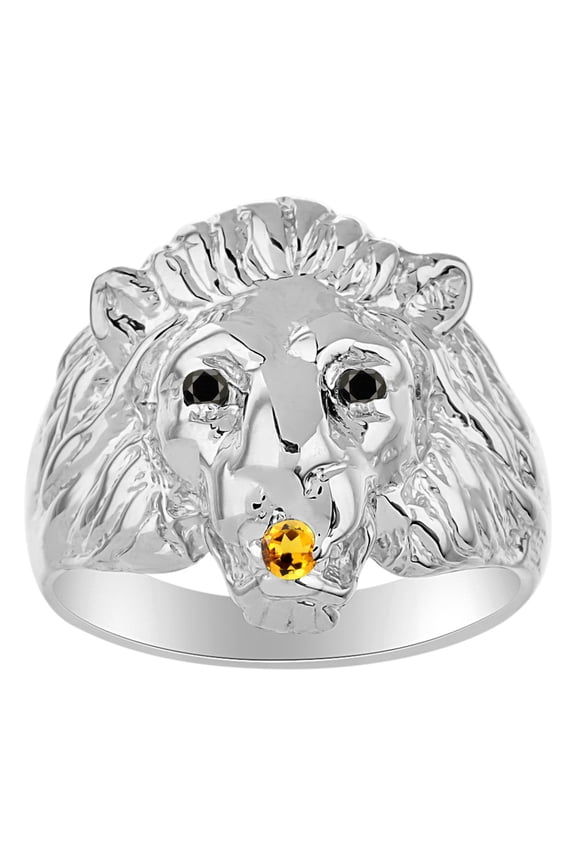 14K White Gold Lion Head Ring;  Black Diamonds Eyes & Gemstone  in Mouth Fun Designer Rings - Citrine Mens Jewelry Size 10