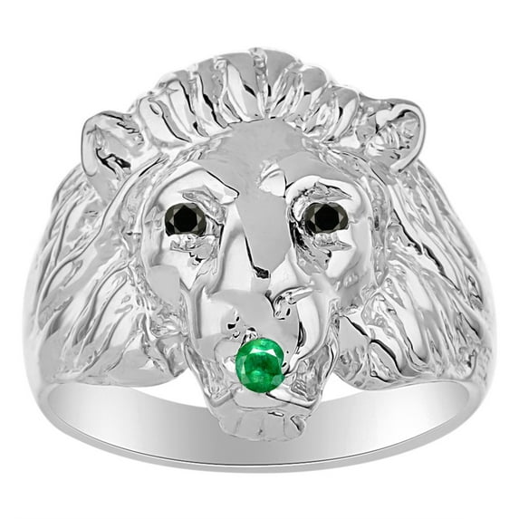 RYLOS 14K White Gold Lion Head Ring; Black Diamonds Eyes & Gemstone in Mouth Fun Designer Rings - Emerald Mens Jewelry Size 10