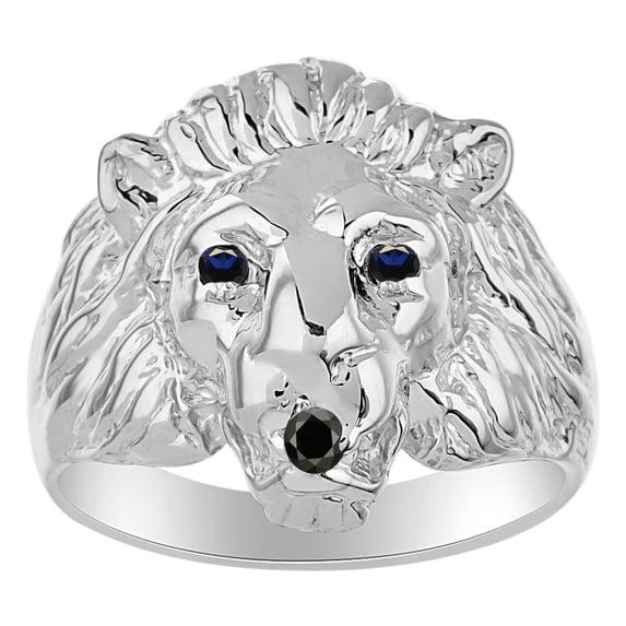 RYLOS 14K White Gold Lion Head Ring; Black Diamond Mouth & Gemstone in Eyes Fun Designer Rings - Sapphire Mens Jewelry Size 6