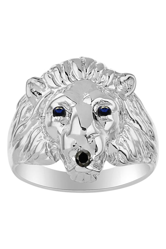 14K White Gold Lion Head Ring; Black Diamond Mouth & Gemstone in Eyes Fun Designer Rings - Sapphire Mens Jewelry Size 7