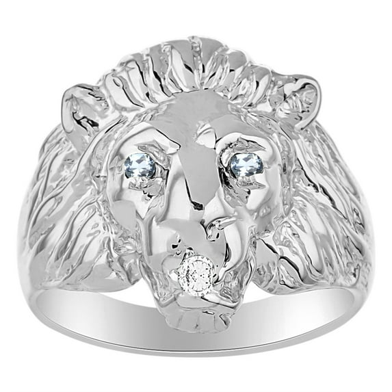 RYLOS 14K White Gold Lion Head Ring; Diamond in Mouth & Gemstones in Eyes Fun Designer Rings - Aquamarine Mens Jewelry Size 11