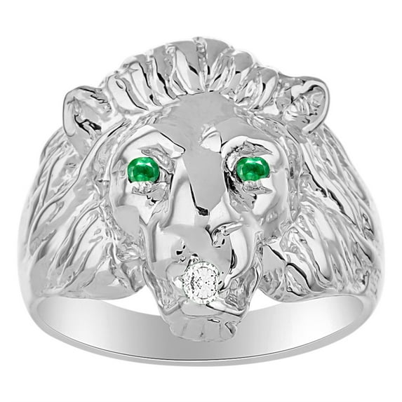 RYLOS 14K White Gold Lion Head Ring; Diamond in Mouth & Gemstones in Eyes Fun Designer Rings - Emerald Mens Jewelry Size 10
