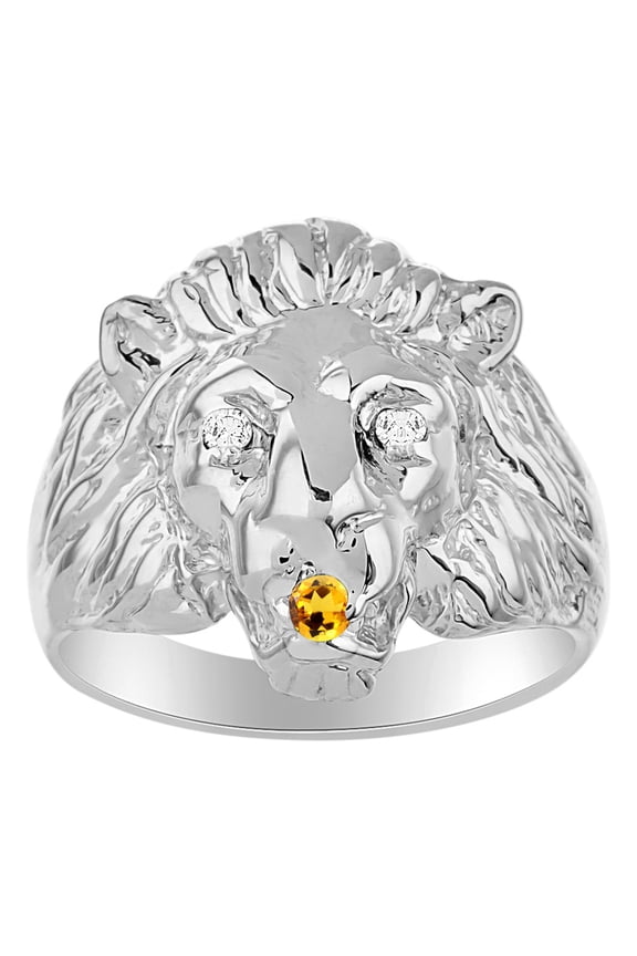 14K White Gold Lion Head Ring; Diamonds in Eyes & Gemstones in Mouth Fun Designer Rings - Citrine Mens Jewelry Size 13