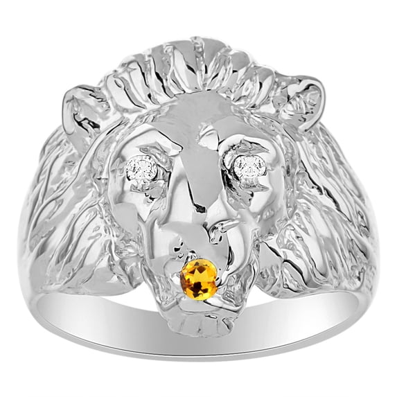 RYLOS 14K White Gold Lion Head Ring; Diamonds in Eyes & Gemstones in Mouth Fun Designer Rings - Citrine Mens Jewelry Size 8