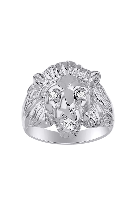 14K White Gold Lion Head Ring; Diamonds in Eyes & Gemstones in Mouth Fun Designer Rings - Diamond Jewelry Size 7