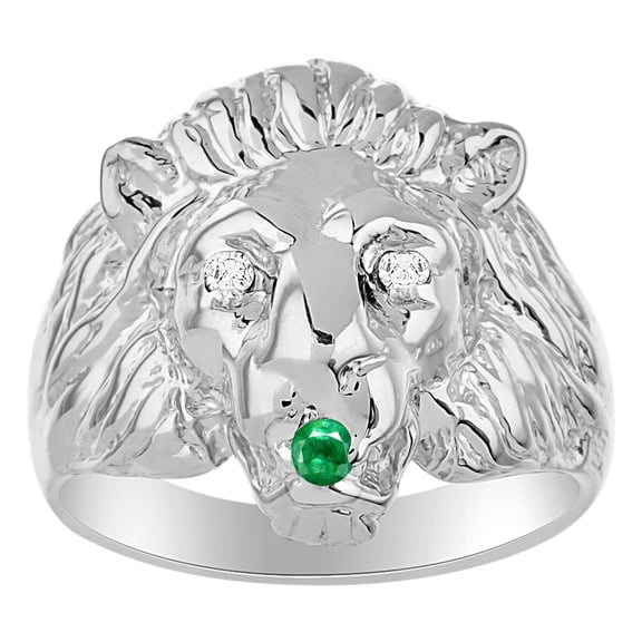 RYLOS 14K White Gold Lion Head Ring; Diamonds in Eyes & Gemstones in Mouth Fun Designer Rings - Emerald Mens Jewelry Size 13