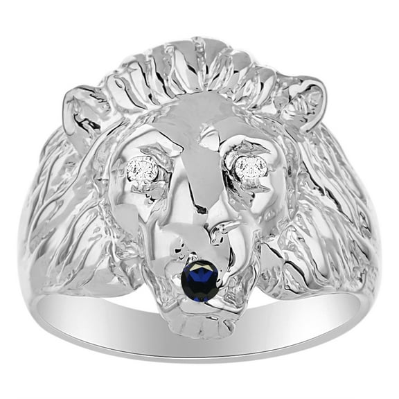 RYLOS 14K White Gold Lion Head Ring; Diamonds in Eyes & Gemstones in Mouth Fun Designer Rings - Sapphire Mens Jewelry Size 11