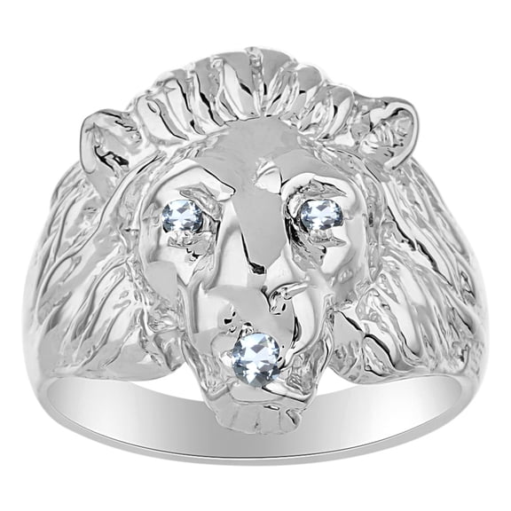 RYLOS 14K White Gold Lion Head Ring; Gemstones in Eyes and Mouth Fun Designer Rings For Men Blue Topaz Mens Jewelry Size 12