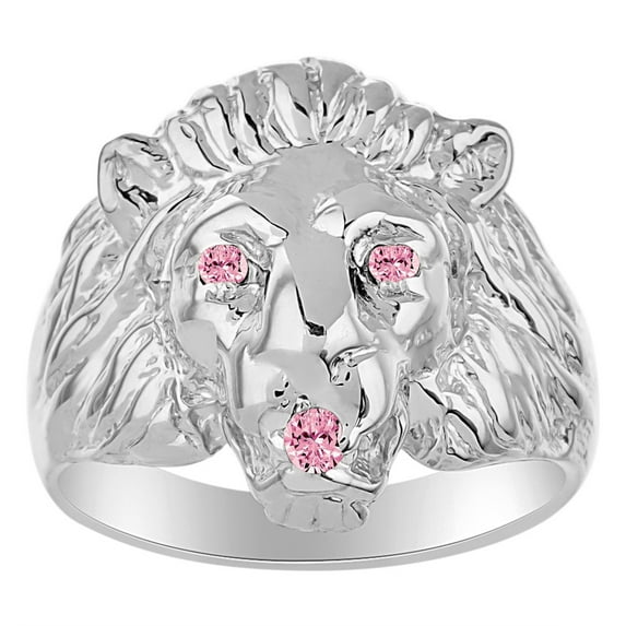 RYLOS 14K White Gold Lion Head Ring; Gemstones in Eyes and Mouth Fun Designer Rings For Men Pink Ice Mens Jewelry Size 12