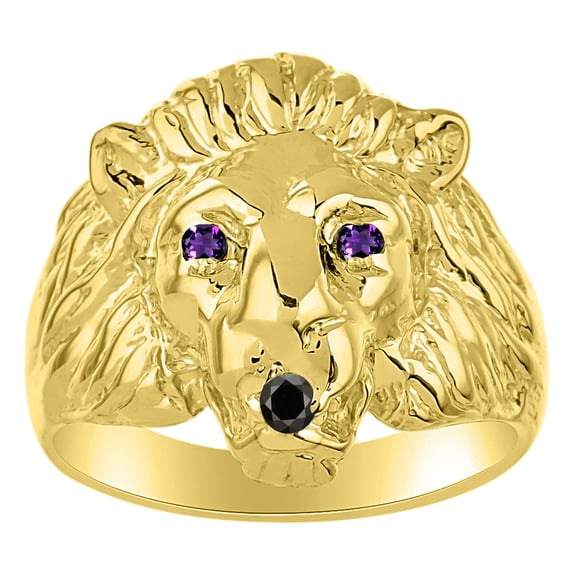 RYLOS 14K Yellow Gold Lion Head Ring Black Diamond Mouth & Gemstone in Eyes Fun Designer Rings - Amethyst Mens Jewelry Size 6