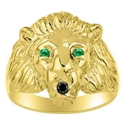 RYLOS 14K Yellow Gold Lion Head Ring Black Diamond Mouth & Gemstone in Eyes Fun Designer Rings - Emerald Mens Jewelry Size 11