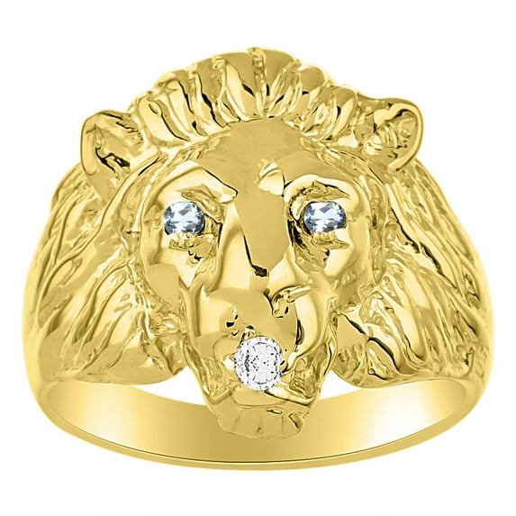 RYLOS 14K Yellow Gold Lion Head Ring Diamond in Mouth & Gemstones in Eyes Fun Designer Rings - Blue Topaz Mens Jewelry Size 12