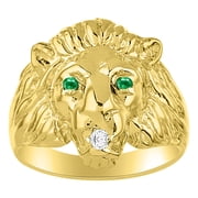 RYLOS 14K Yellow Gold Lion Head Ring Diamond in Mouth & Gemstones in Eyes Fun Designer Rings - Emerald Mens Jewelry Size 8