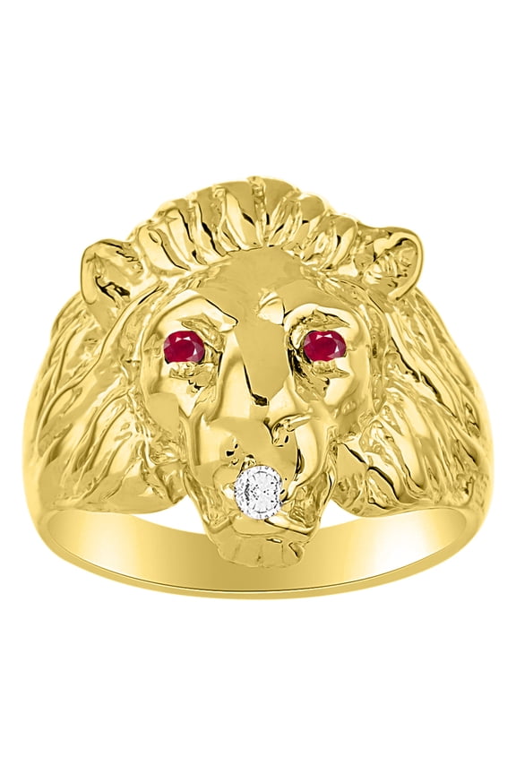 14K Yellow Gold Lion Head Ring Diamond in Mouth & Gemstones in Eyes Fun Designer Rings - Ruby Mens Jewelry Size 10