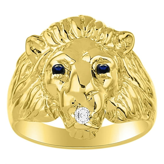 RYLOS 14K Yellow Gold Lion Head Ring Diamond in Mouth & Gemstones in Eyes Fun Designer Rings - Sapphire Mens Jewelry Size 8