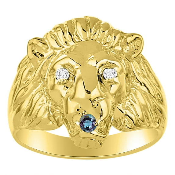 RYLOS 14K Yellow Gold Lion Head Ring Diamonds in Eyes & Gemstones in Mouth Fun Designer Rings - Alexandrite Mens Jewelry Size 13