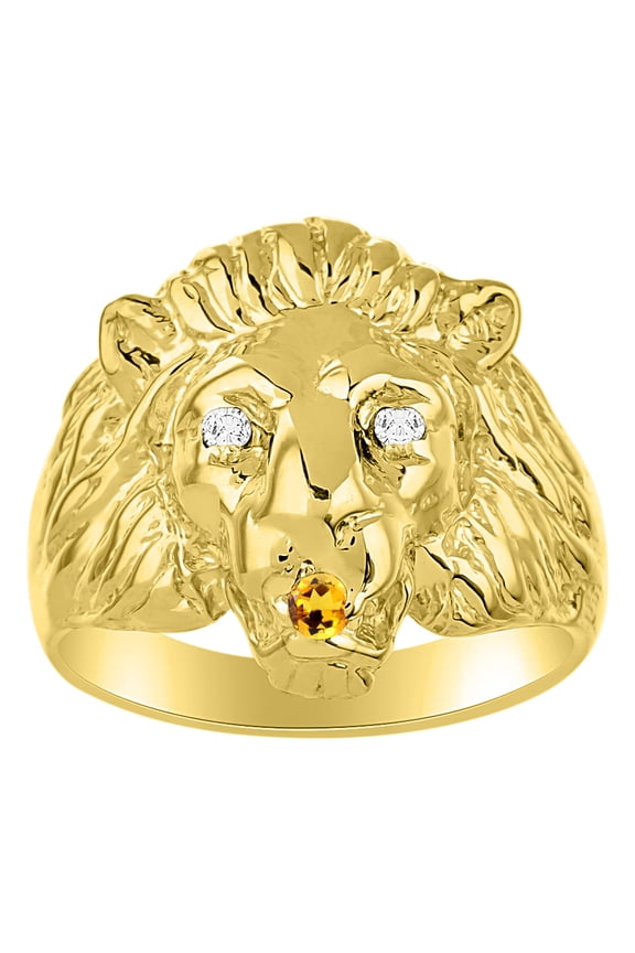 14K Yellow Gold Lion Head Ring Diamonds in Eyes & Gemstones in Mouth Fun Designer Rings - Citrine Mens Jewelry Size 6